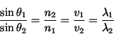 \begin{displaymath}\frac{\sin\theta_1}{\sin\theta_2} = \frac{n_2}{n_1} =
\frac{v_1}{v_2} = \frac{\lambda_1}{\lambda_2} \end{displaymath}