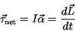 \begin{displaymath}\vec{\tau}_{{\rm net}}= I \vec{\alpha} = {d\vec{L}\over dt}
\end{displaymath}