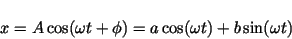 \begin{displaymath}x = A\cos(\omega t + \phi )=a\cos(\omega t)+b\sin(\omega t) \end{displaymath}